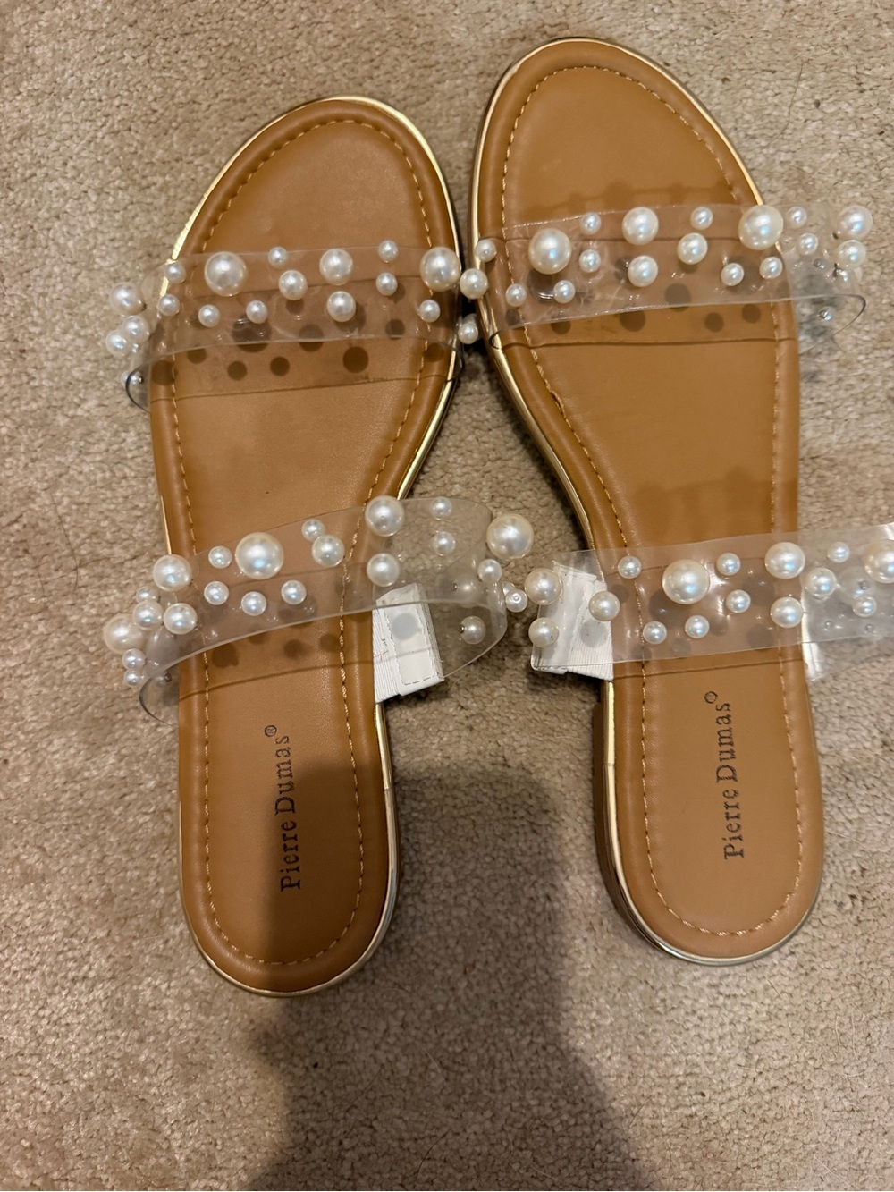Pierre Dumas Tan Slide Sandals with Pearl-Embellished Clear Straps- Size 10